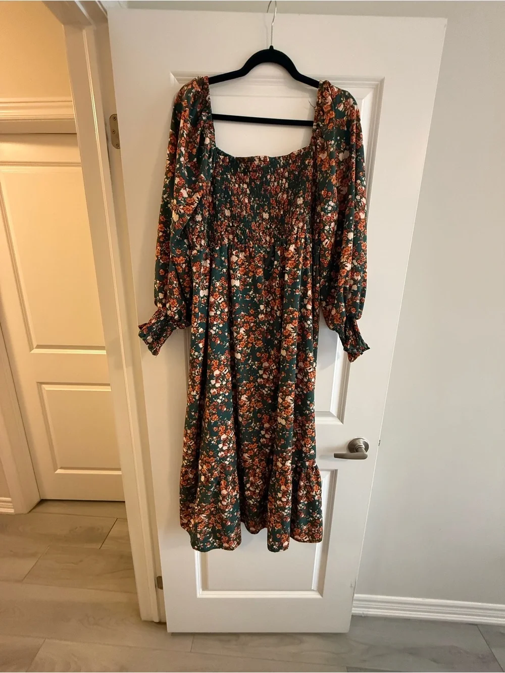 Floral Smocked Maternity Maxi Dress in Teal and Rust - Picture 4 of 4